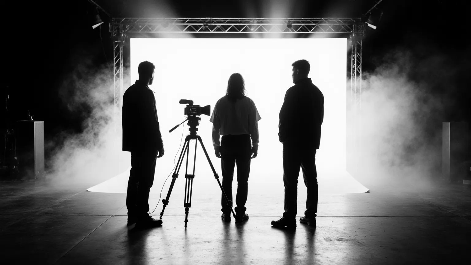 Crew silhouetted against stage lights on a campaign set