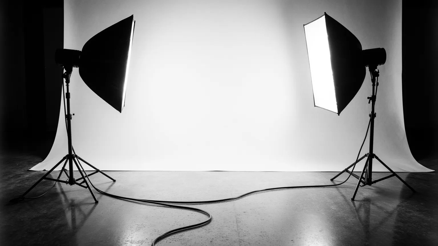Softboxes and light stands around a white cyclorama in the studio