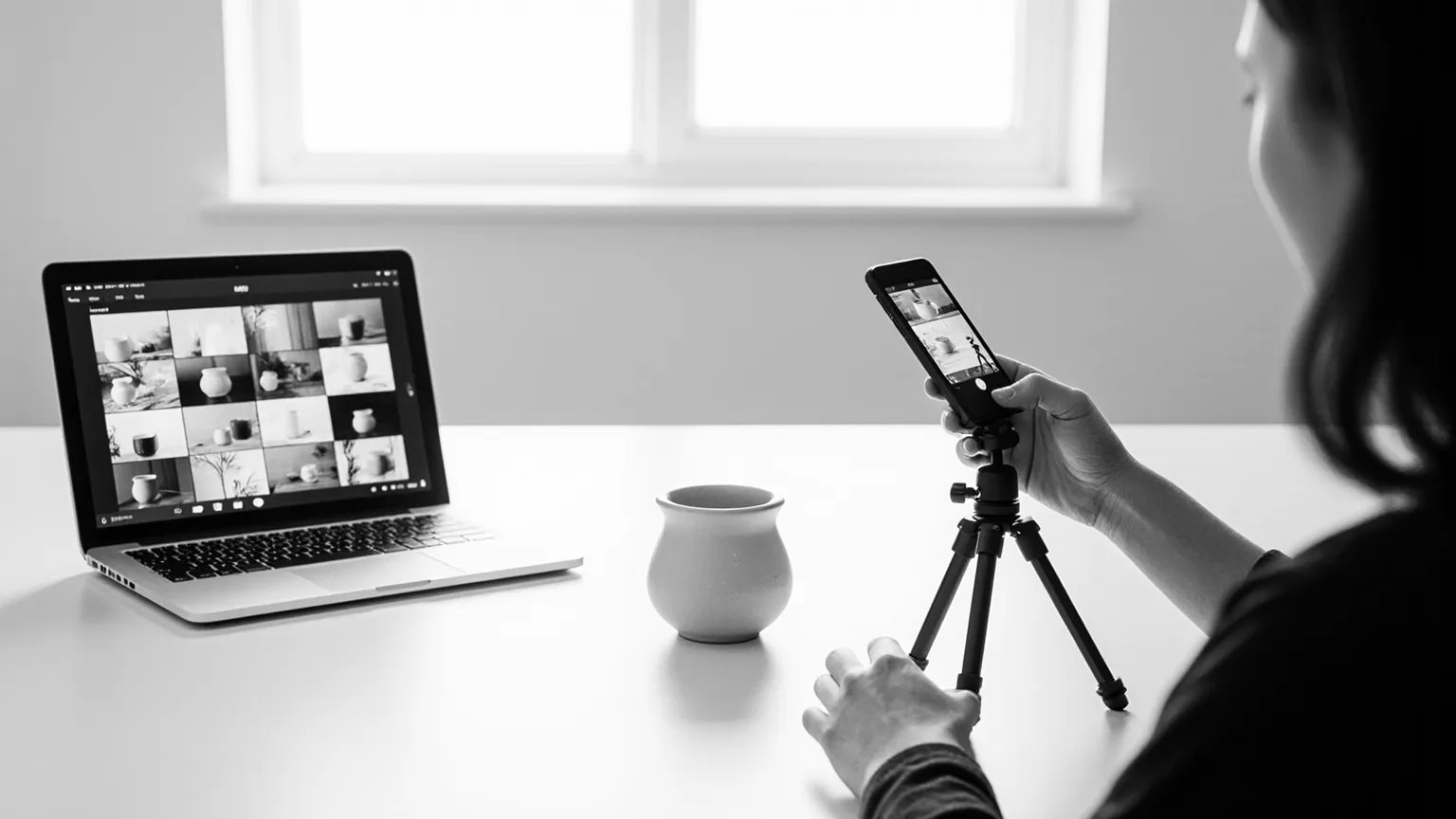 A phone on a small tripod filming a product beside a laptop full of photos, in a bright studio